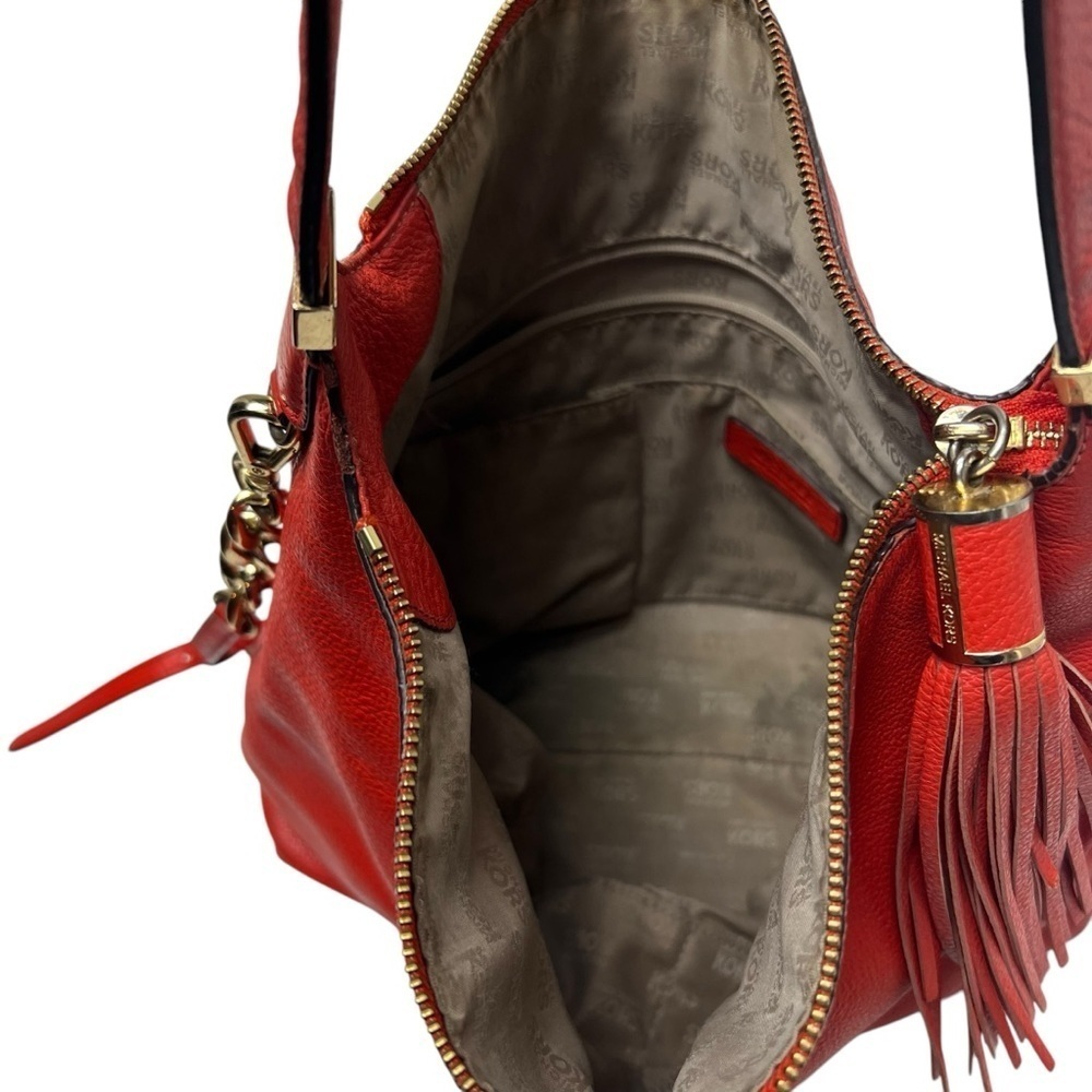 Michael Kors Hobo Bag Orange Red Soft Pebbled Leather with Tassel Large 2 Straps - Picture 5 of 15